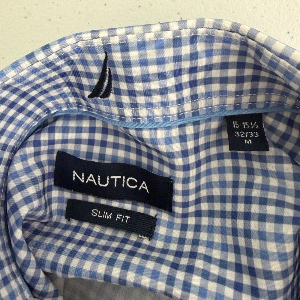 Nautica Button Down Shirt Mens Medium Slim Fit Gingham Long Sleeve Blue - Picture 7 of 10